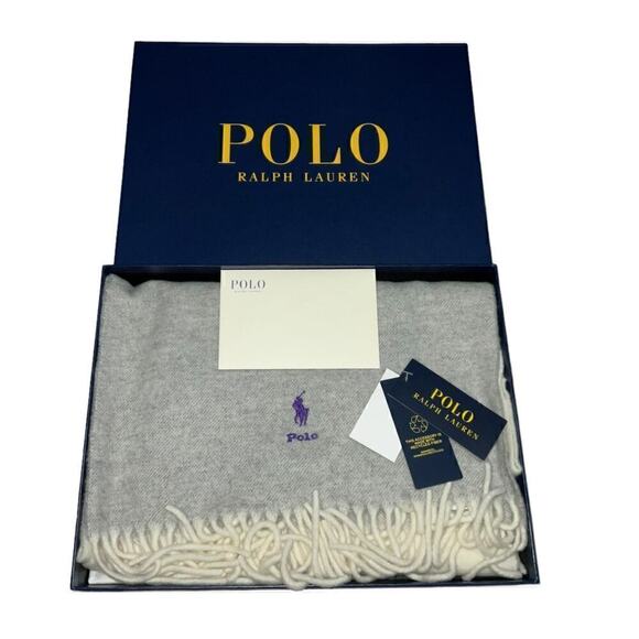 Polo Ralph Lauren Men’s 100% Wool Muffler Cream Gray Made in Italy NWT Boxed